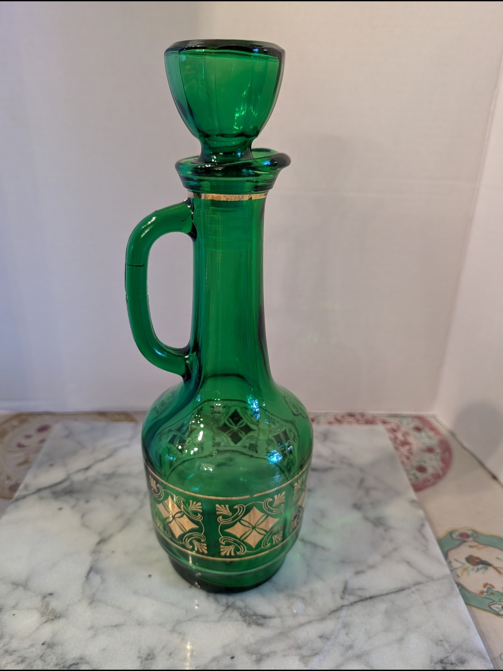 Vintage Emerald Green Glass Decanter with Gold Gilt & Stopper